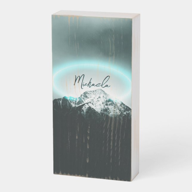 Snowy mountain mysterious blue neon light monogram wooden box sign (Angled Vertical)