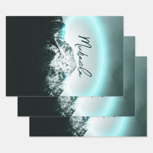Snowy mountain mysterious blue neon light monogram wrapping paper sheets