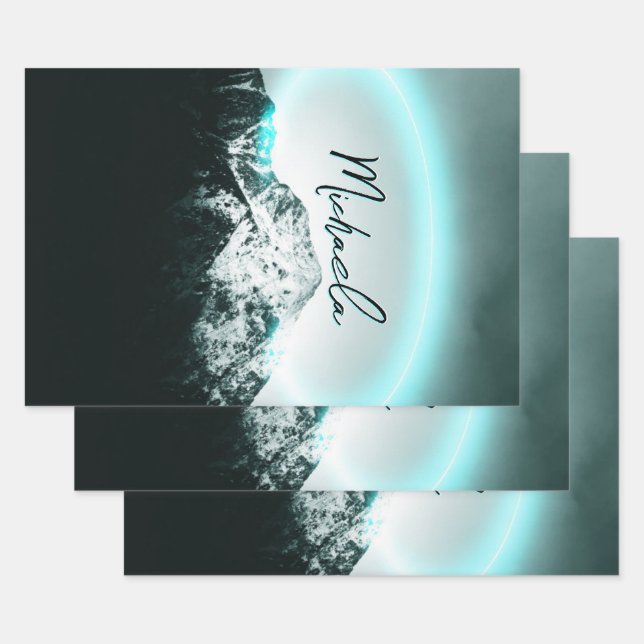Snowy mountain mysterious blue neon light monogram wrapping paper sheets (Set)
