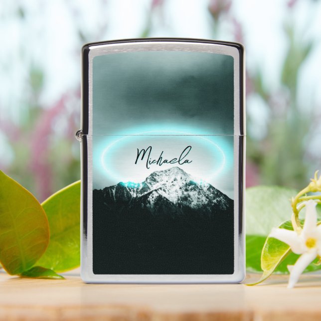 Snowy mountain mysterious blue neon light monogram zippo lighter (On Table)