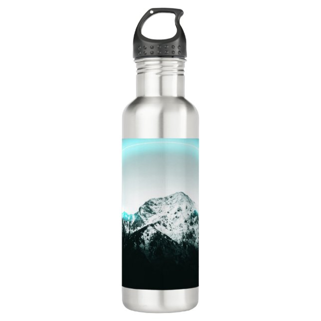 Snowy mountain mysterious blue neon light stainless steel water bottle (Front)