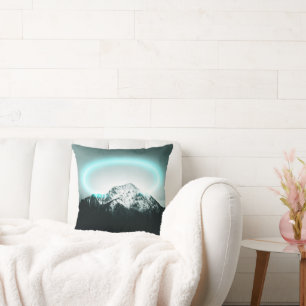 Snowy mountain mysterious blue neon light throw pillow