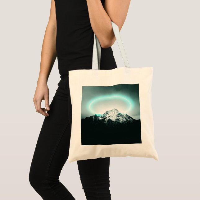 Snowy mountain mysterious blue neon light tote bag (Front (Product))