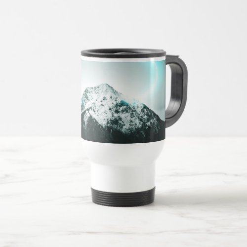 Snowy mountain mysterious blue neon light travel mug