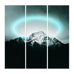 Snowy mountain mysterious blue neon light triptych