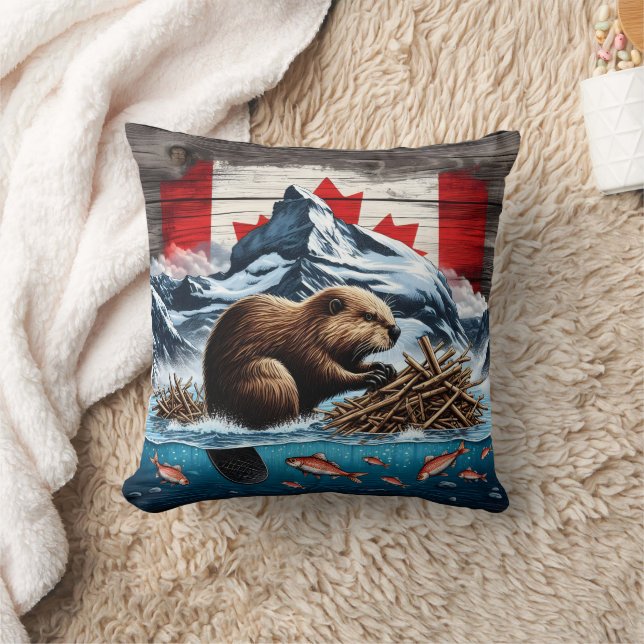 Snowy Mountain, Ocean, Canadian Beaver Throw Pillow (Blanket)