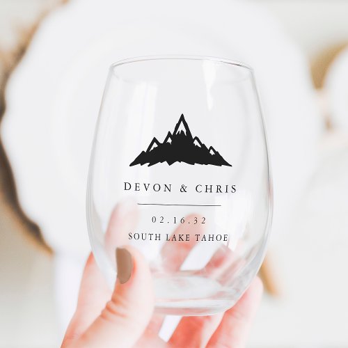 Snowy Mountain Peak Destination Wedding Favor Stemless Wine Glass