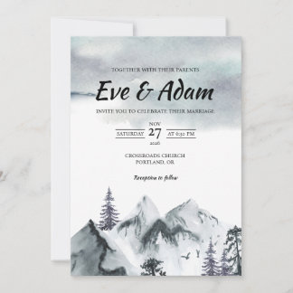 Snowy Mountain Peak Fog Watercolor Winter Wedding Invitation