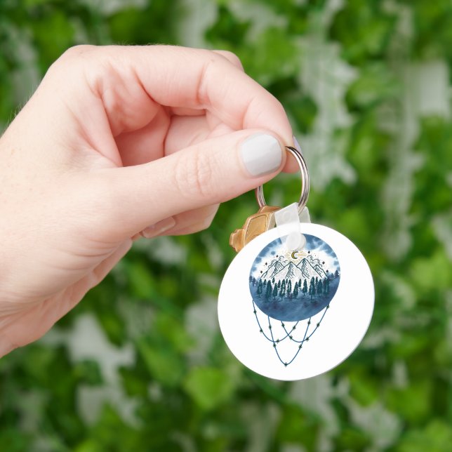 Snowy Mountain Pine Tree Nature Adventure Outdoor Keychain (Hand)