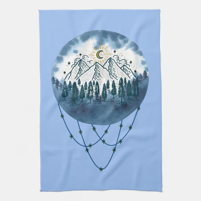 Snowy Mountain Pine Tree Nature Adventure Outdoor Kitchen Towel (Vertical)