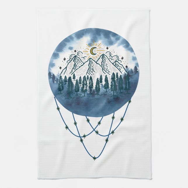 Snowy Mountain Pine Tree Nature Adventure Outdoor Kitchen Towel (Vertical)