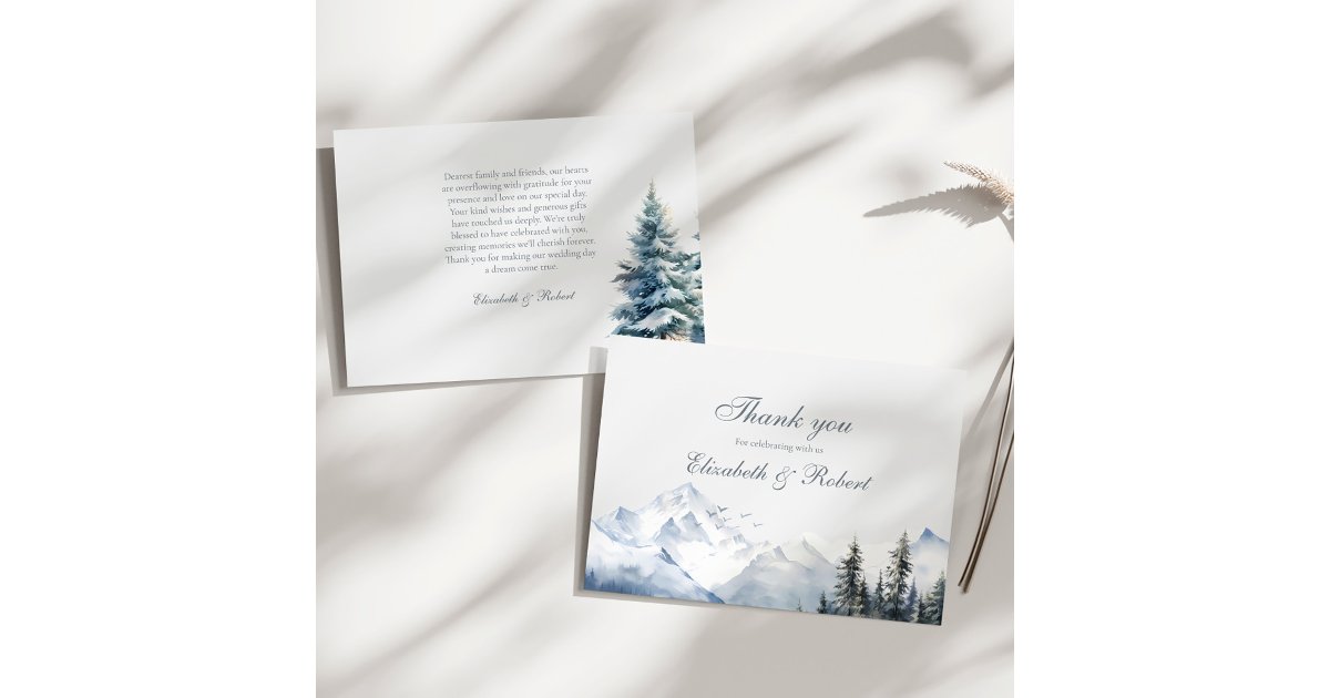 Snowy Mountain & Pine Trees Wedding Thank You Card | Zazzle