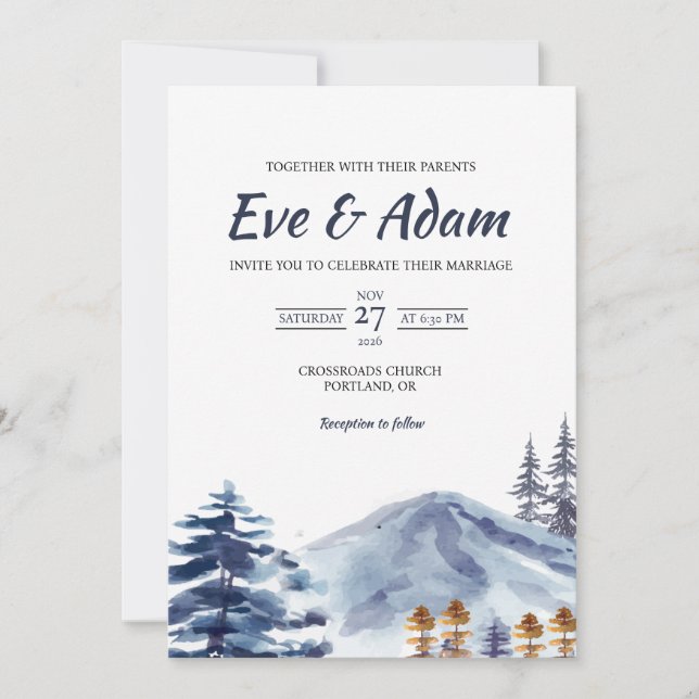 Snowy Mountain Pine Watercolor Winter Wedding Invitation (Front)