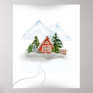 Snowy Mountain Retreat: Wooden House in Winter Poster