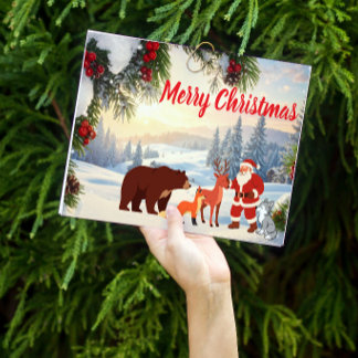 Snowy Mountain Santa with Forest Animals Holiday Card