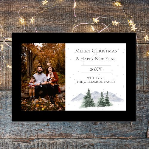 Snowy Mountain Top  Black Photo Holiday Card