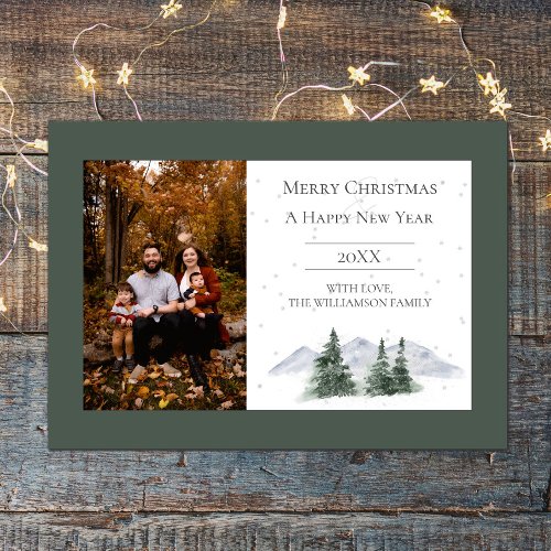 Snowy Mountain Top  Green Photo Holiday Card