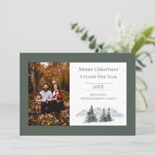 Snowy Mountain Top  Green Photo Holiday Card