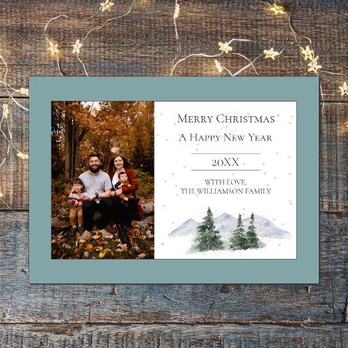 Snowy Mountain Top  Teal Photo Holiday Card