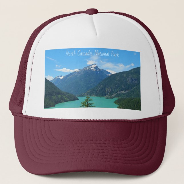 Snowy Mountain Turquoise Lake in Washington Trucker Hat (Front)