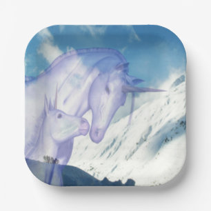 Snowy Mountain Unicorn Mom and Baby Paper Plates