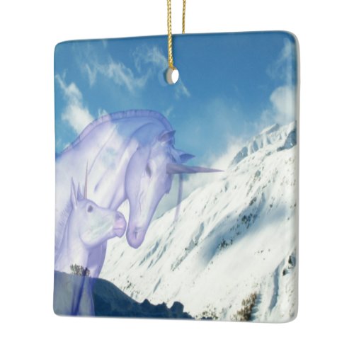 Snowy Mountain Unicorn Tender Scene Ceramic Ornament