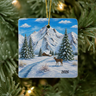 Snowy Mountain Valley Ceramic Ornament