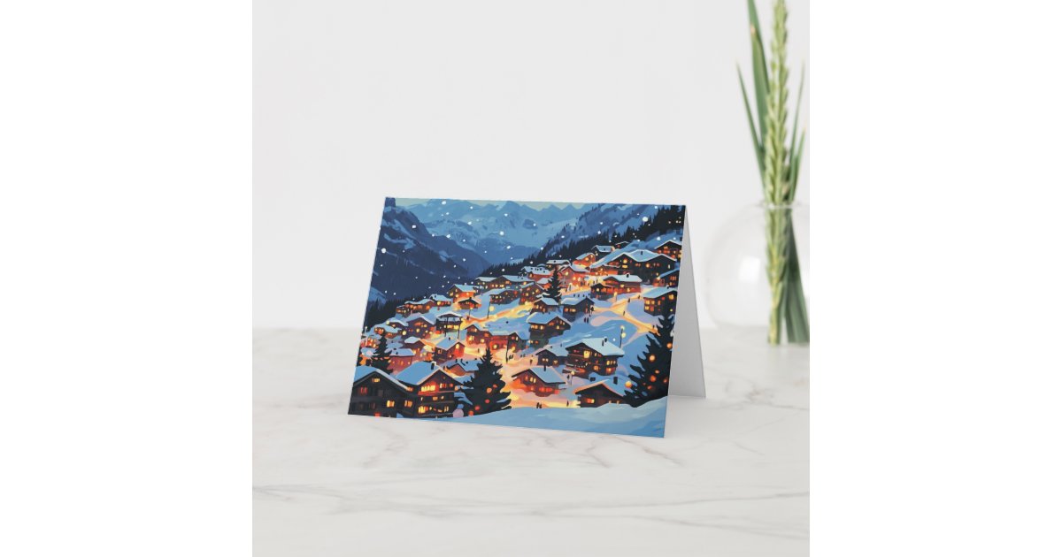Snowy Mountain Village at Christmas Card | Zazzle