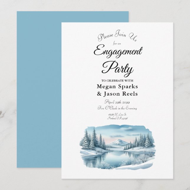 Snowy Mountain Winter Lake Engagement Party Invitation (Front/Back)