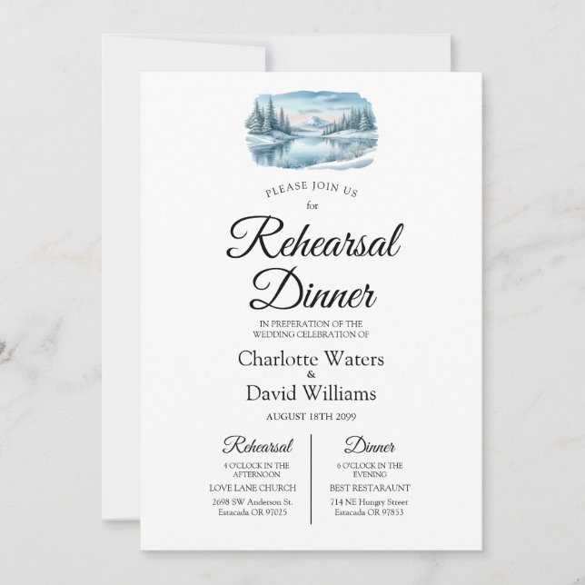 Snowy Mountain Winter Lake Rehearsal Dinner Invitation (Front)