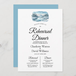 Snowy Mountain Winter Lake Rehearsal Dinner Invitation