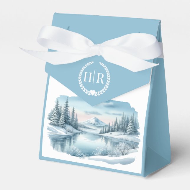Snowy Mountain Winter Lake Wedding Favor Boxes (Front Side)