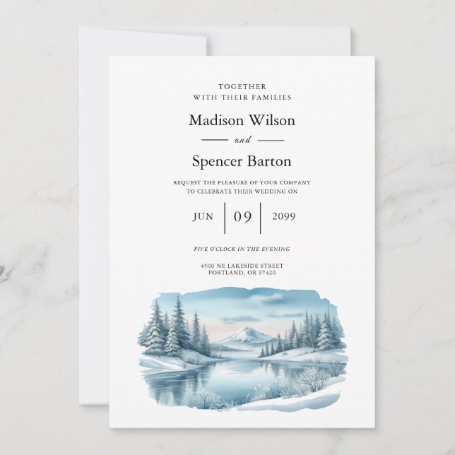 Snowy Mountain Winter Lake Wedding Invitation (Front)