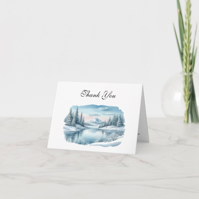 Snowy Mountain Winter Lake Wedding Thank You Card (Front)