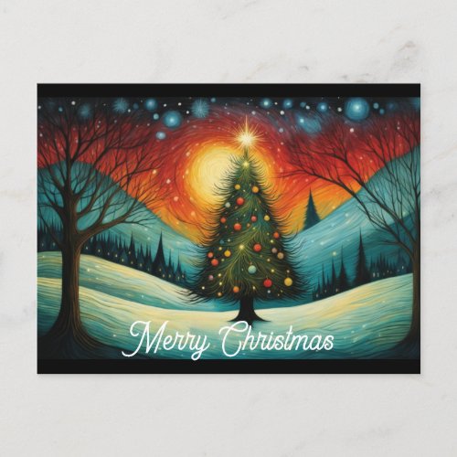 Snowy Mountain Winter Night Moon Christmas Tree Holiday Postcard