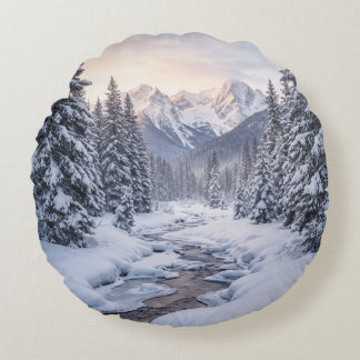 Snowy Mountain Winter Round Pillow