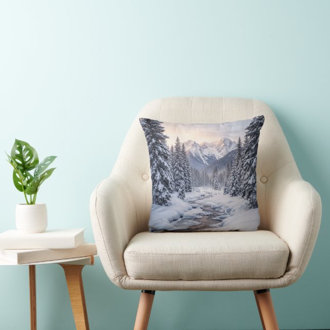 Snowy Mountain Winter Throw Pillow (Chair)