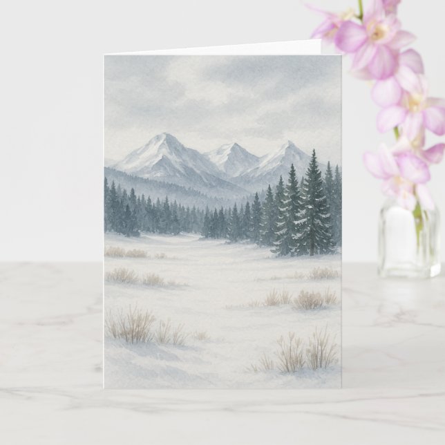 Snowy Mountain Winter Watercolor Greeting Card (Orchid)