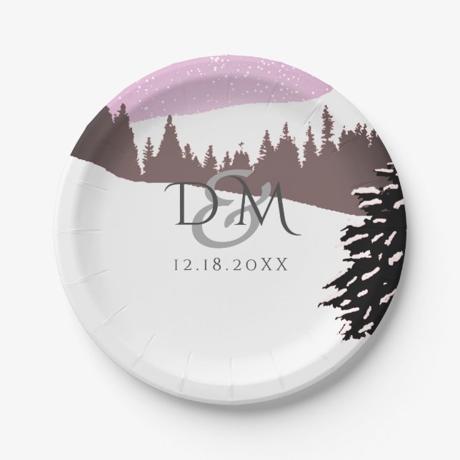 Snowy Mountain Winter Wedding Paper Plates (Front)