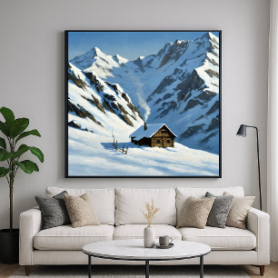Snowy Mountains Cabin - Painterly Landscape Style Poster