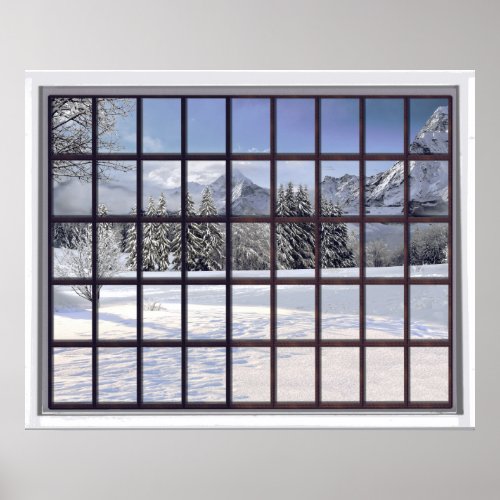 Snowy Mountains Faux Winter Scene Window Poster