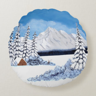 Snowy Mountains Round Pillow