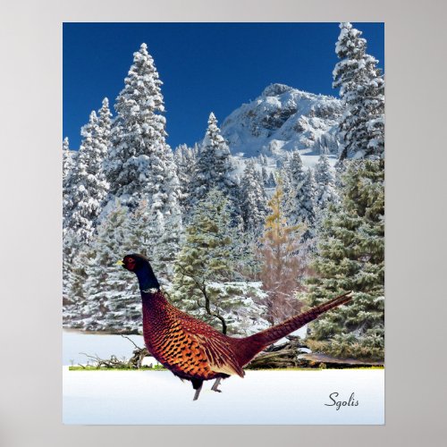 Snowy Mountains with Pheasant Semi Gloss Poster