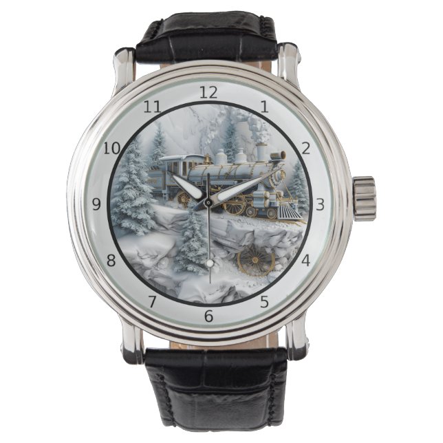Snowy mountains with steam train AI art Watch (Front)