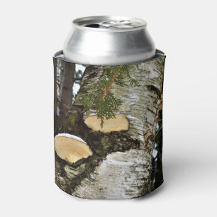 Snowy Mushrooms on Birch Tree Can Cooler