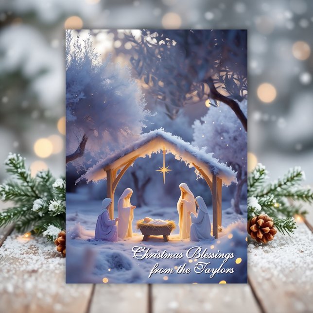 Snowy Nativity Scene Christian Holiday Christmas  (Snowy Nativity scene Christmas card featuring Mary, Joseph, and Baby Jesus under the Star)