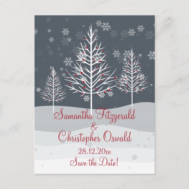 Snowy Night and Winter Trees Save the Date Announcement Postcard (Front)