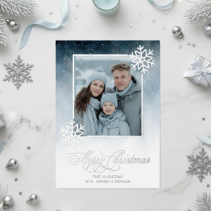 Snowy Night Blue Foil Merry Christmas Foil Holiday Card