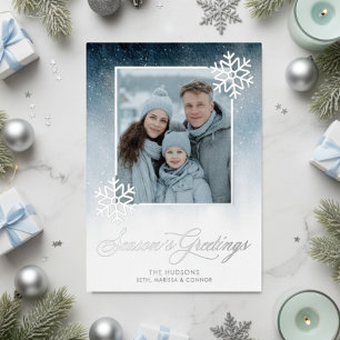 Snowy Night Blue Foil Seasons Greetings Foil Holiday Card
