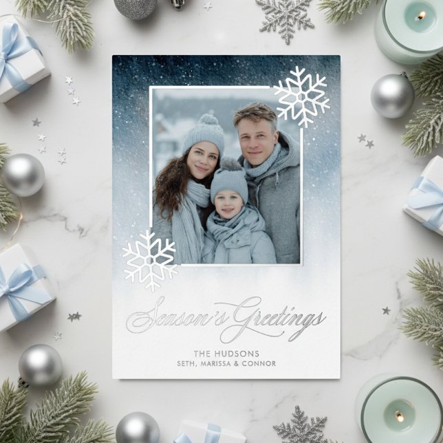 Snowy Night Blue Foil Seasons Greetings Foil Holiday Card (Creator Uploaded)